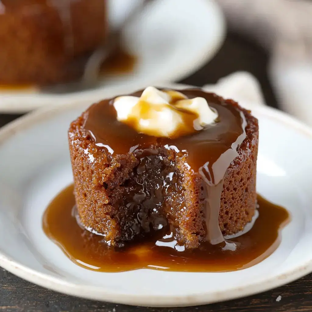 A moist pudding dessert topped with caramel sauce and a dollop of cream, with a portion removed to show its texture.