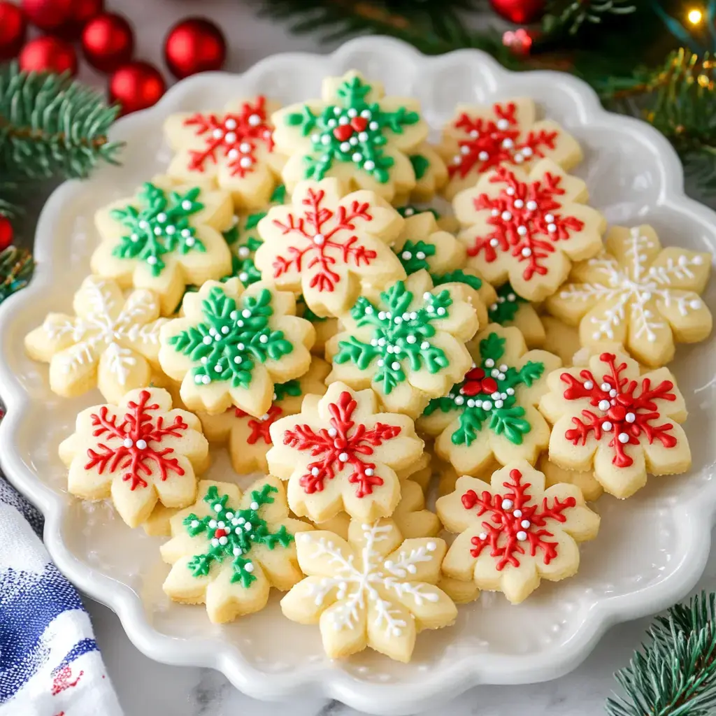 A plate of decorated holiday cookies shaped like snowflakes, featuring red and green icing designs.