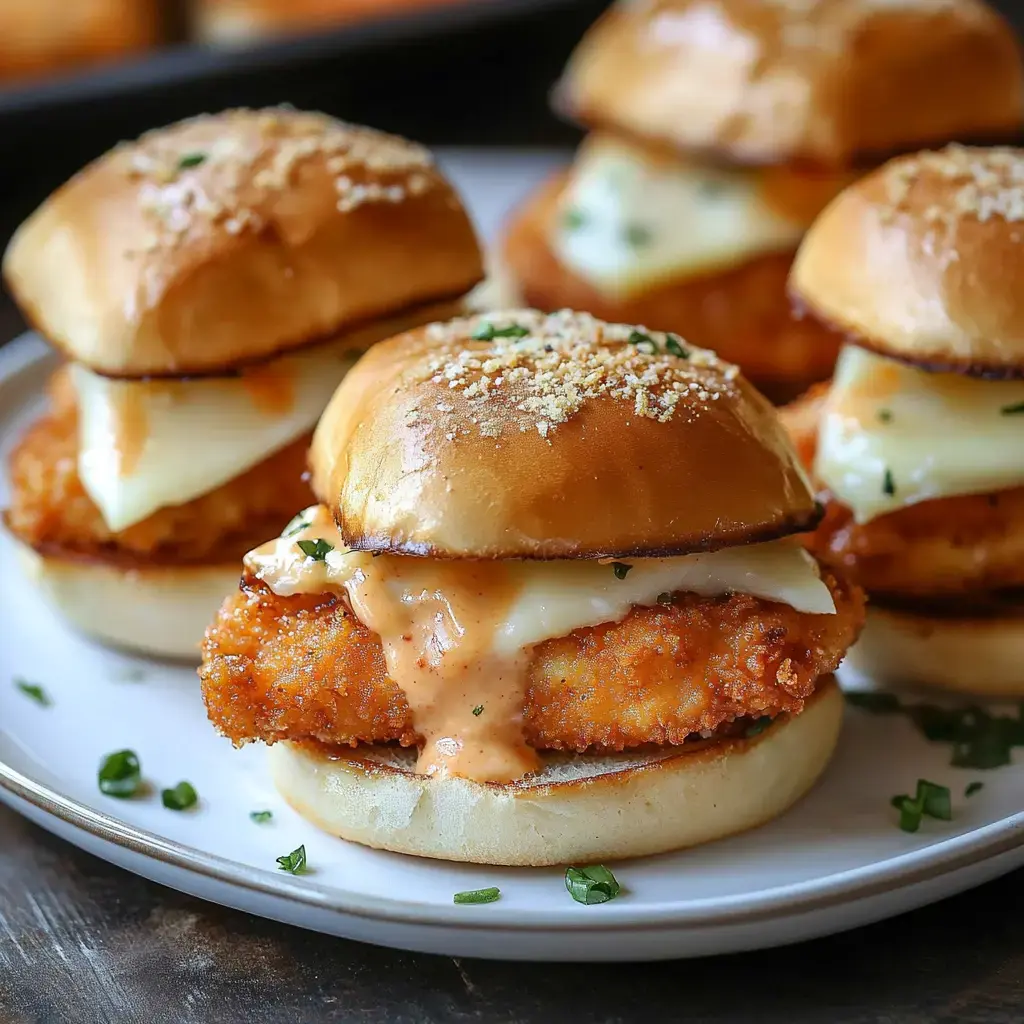 A plate of three chicken sandwiches, each featuring a crispy chicken patty, melted cheese, and a drizzle of sauce, garnished with herbs.