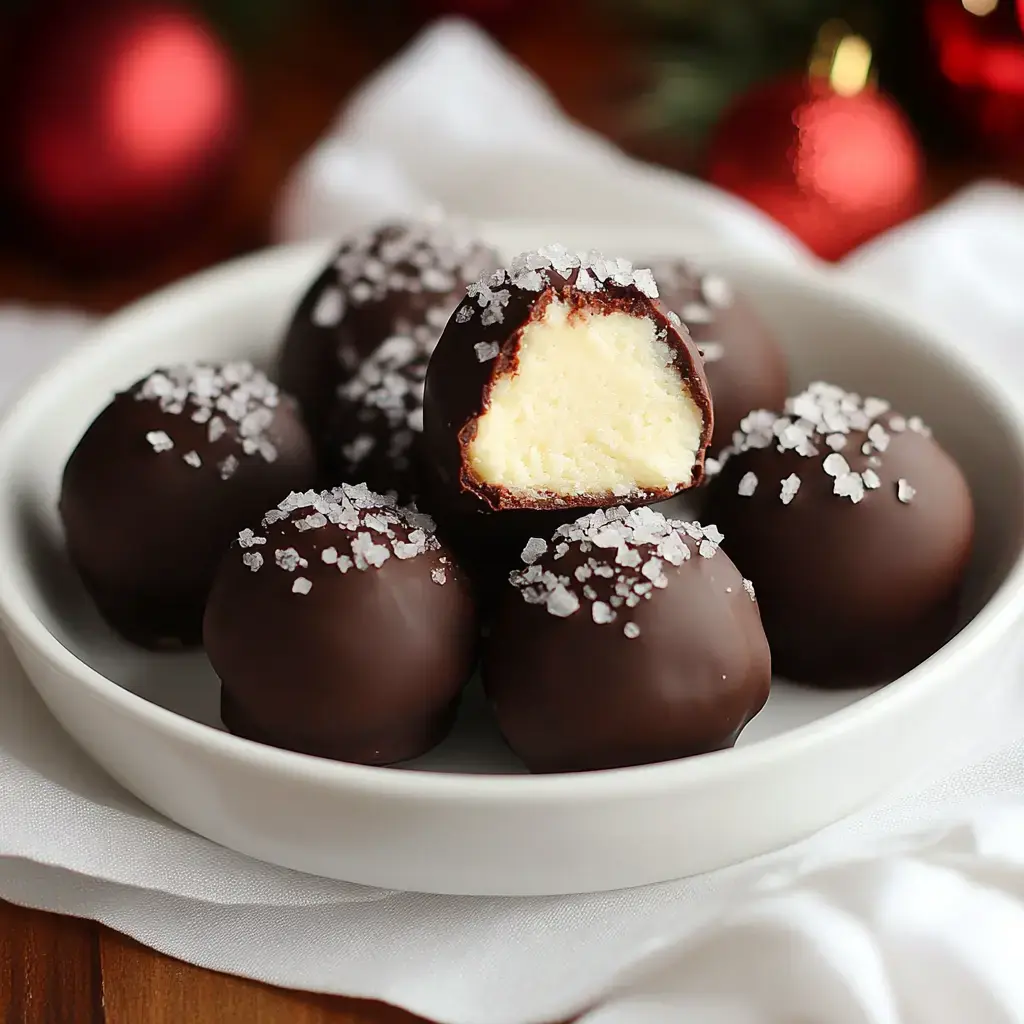 A plate of chocolate-covered truffles sprinkled with coarse salt, one truffle cut in half to reveal a creamy filling.