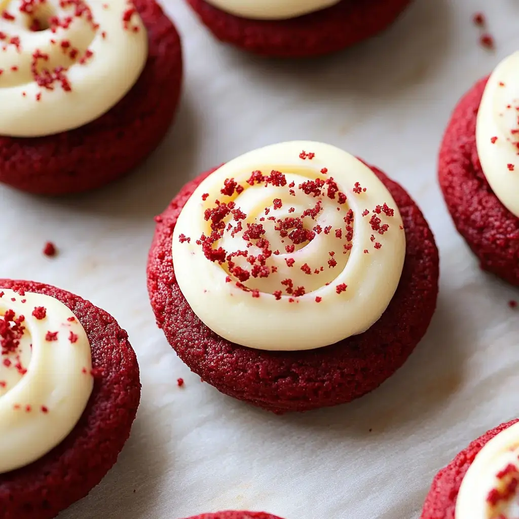 A close-up of several red velvet cupcake cookies topped with cream cheese frosting and red crumb sprinkles.