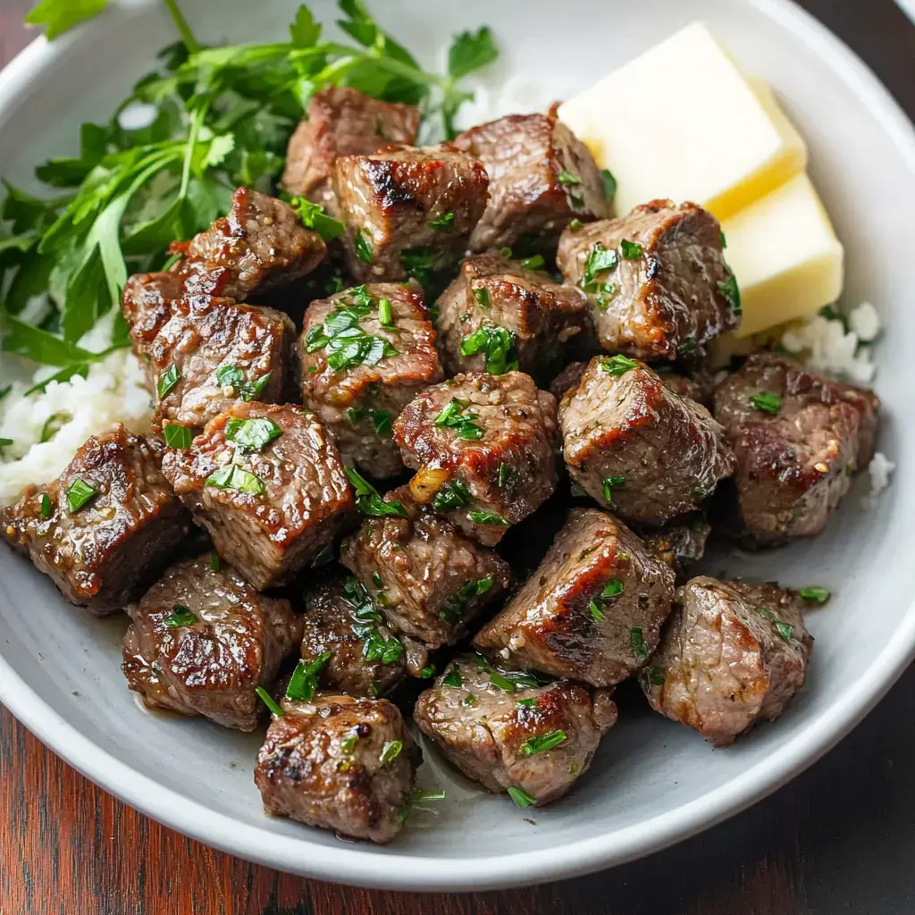 A bowl of diced, sautéed beef garnished with chopped herbs, served over rice and accompanied by a few cubes of butter.