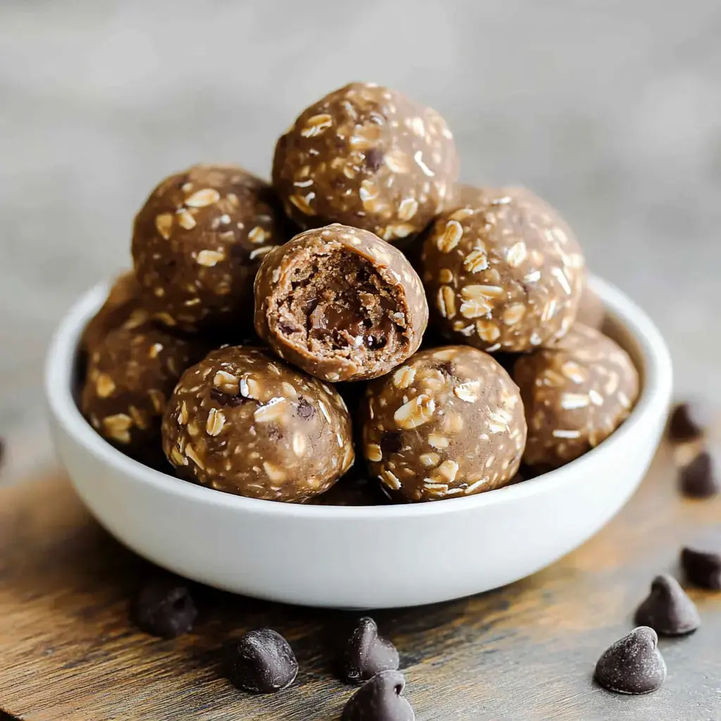 A bowl filled with chocolate oat energy balls, with one ball cut open to reveal its soft, chocolatey interior, surrounded by chocolate chips on the surface.