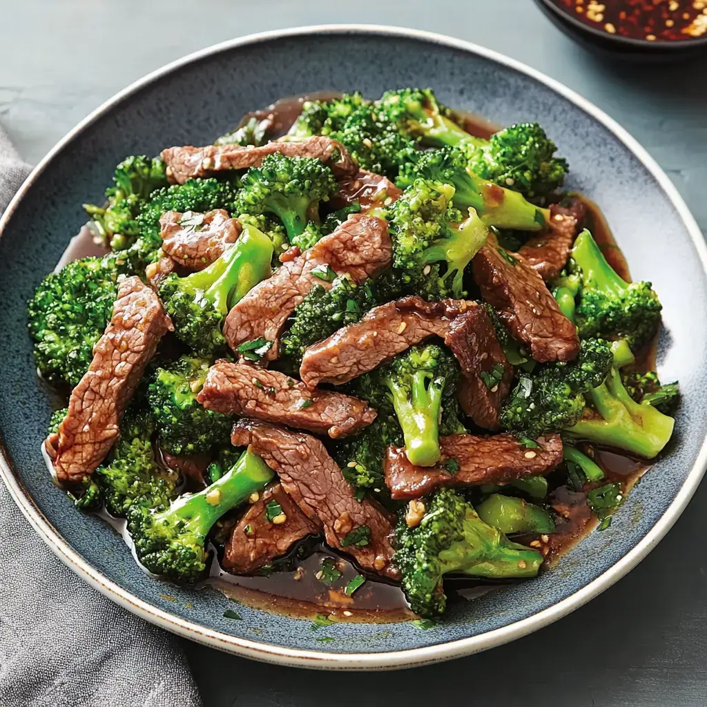 A bowl of stir-fried beef strips mixed with vibrant broccoli, coated in a savory sauce.