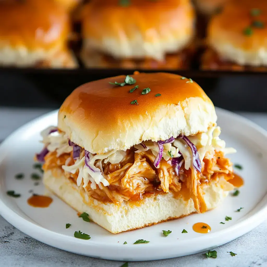 A pulled chicken sandwich topped with coleslaw and drizzled with sauce, served on a white plate.