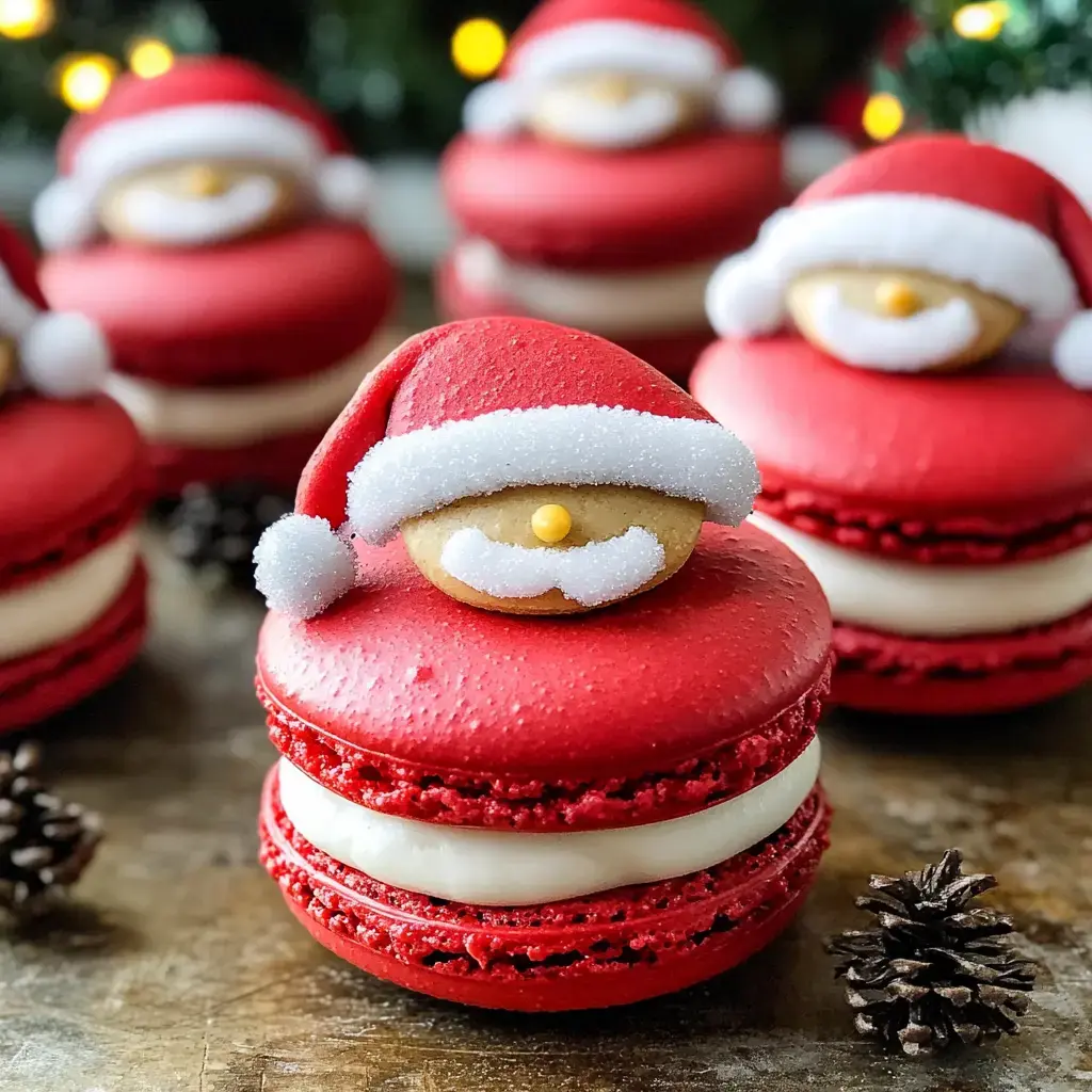 A close-up of festive red macarons decorated with Santa hats and faces, surrounded by pinecones and holiday lights.