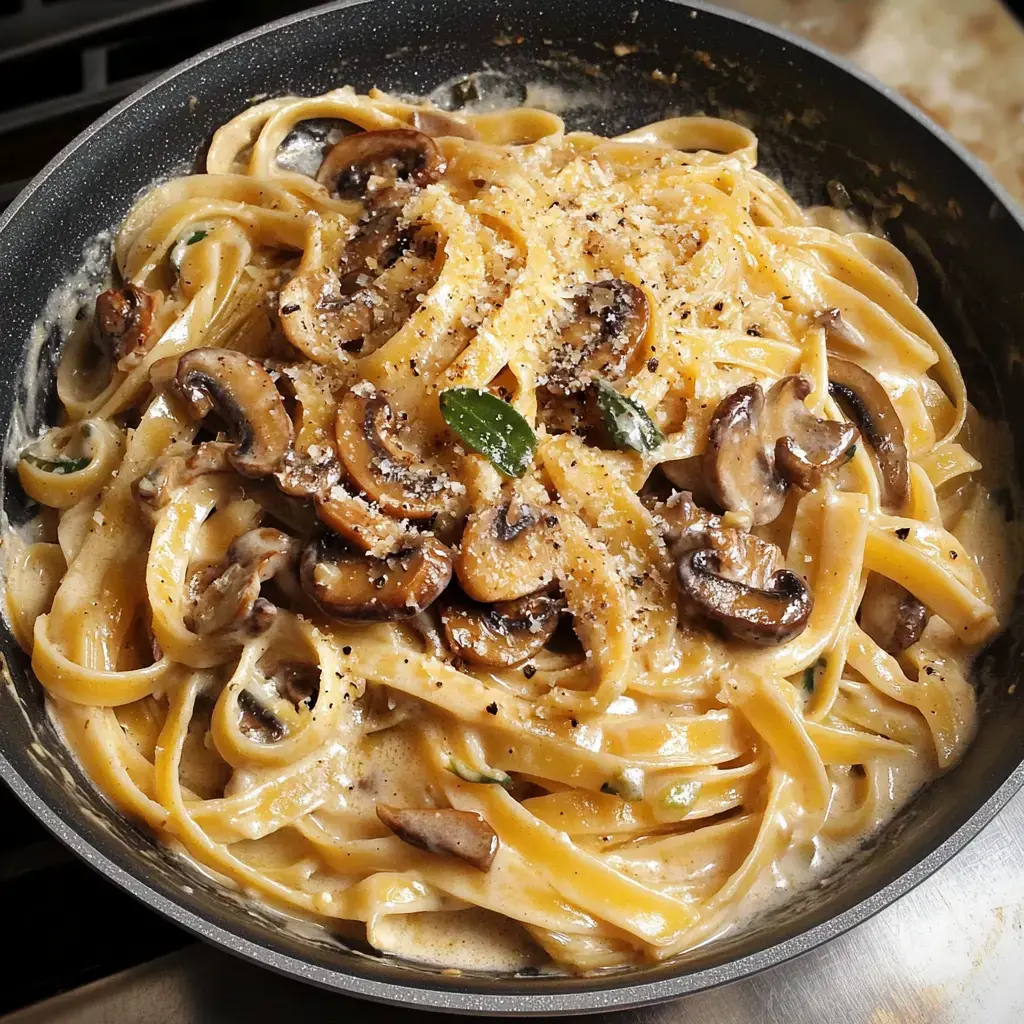 A creamy pasta dish with fettuccine noodles, mushrooms, and grated cheese in a frying pan.