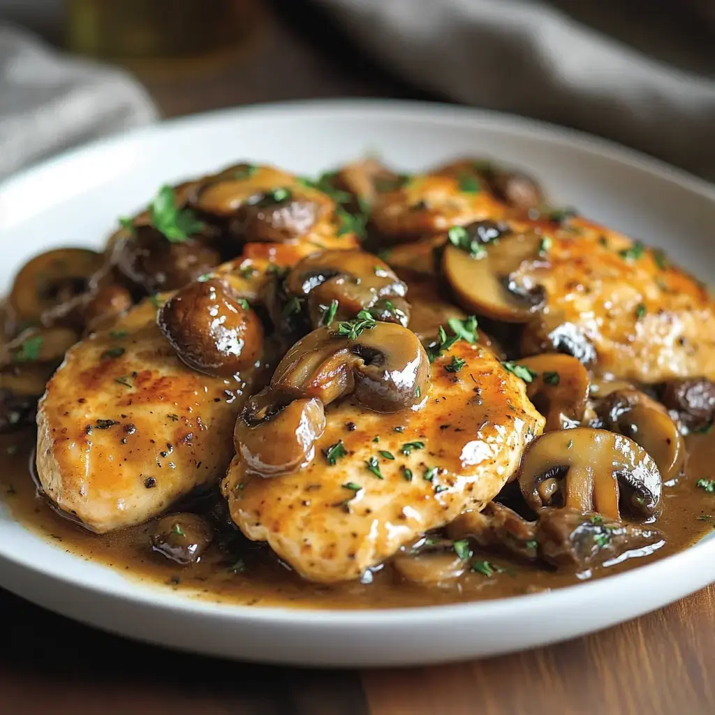 A close-up of two sautéed chicken breasts topped with mushrooms and fresh herbs on a white plate.