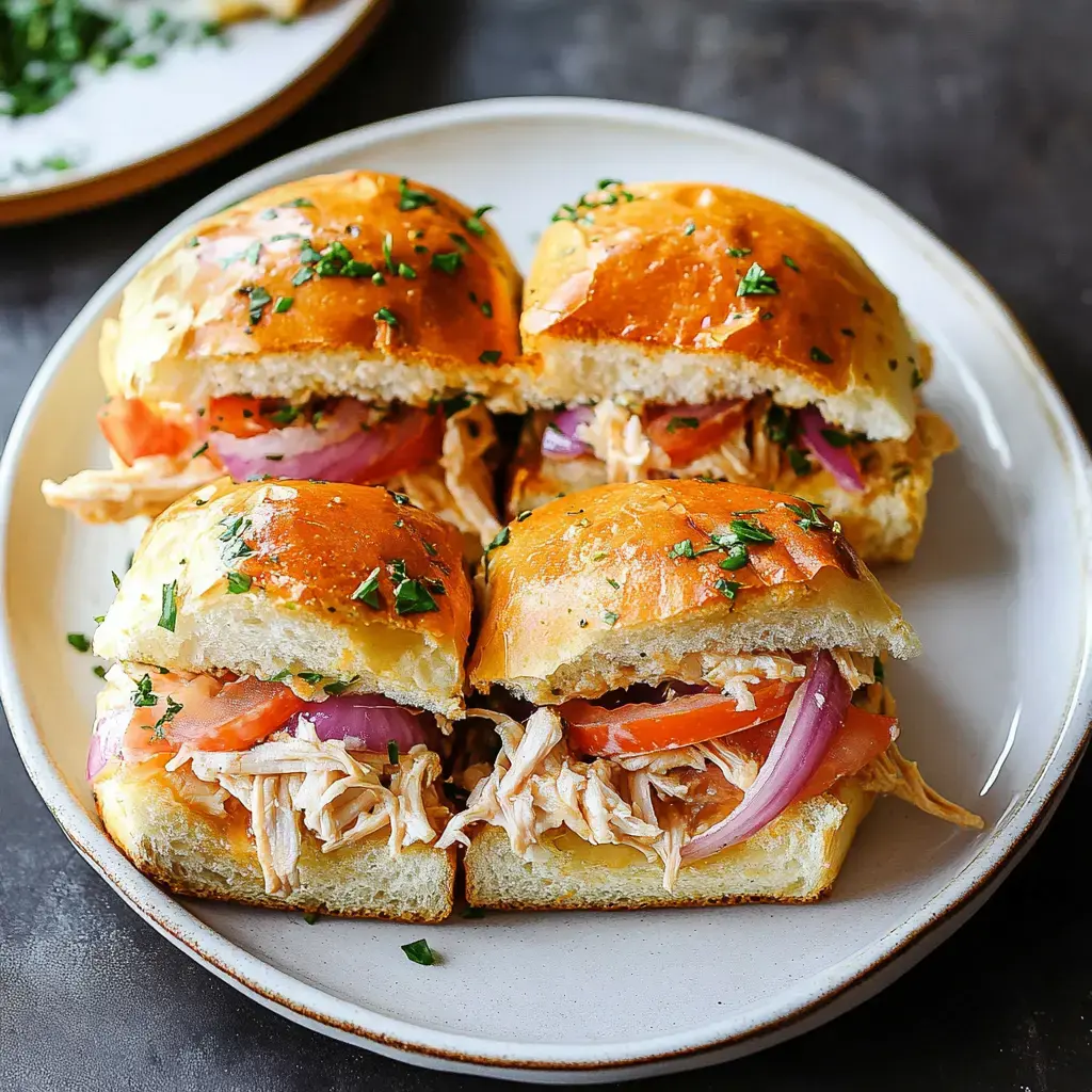 A plate of four chicken sliders garnished with chopped herbs, featuring shredded chicken, sliced tomatoes, and red onions in soft, golden buns.