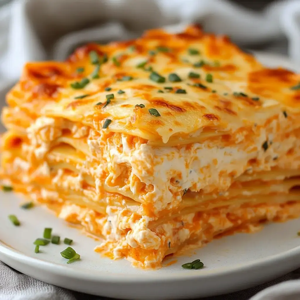 A close-up of a slice of cheesy lasagna layered with white and orange sauces, garnished with chopped chives, served on a plate.