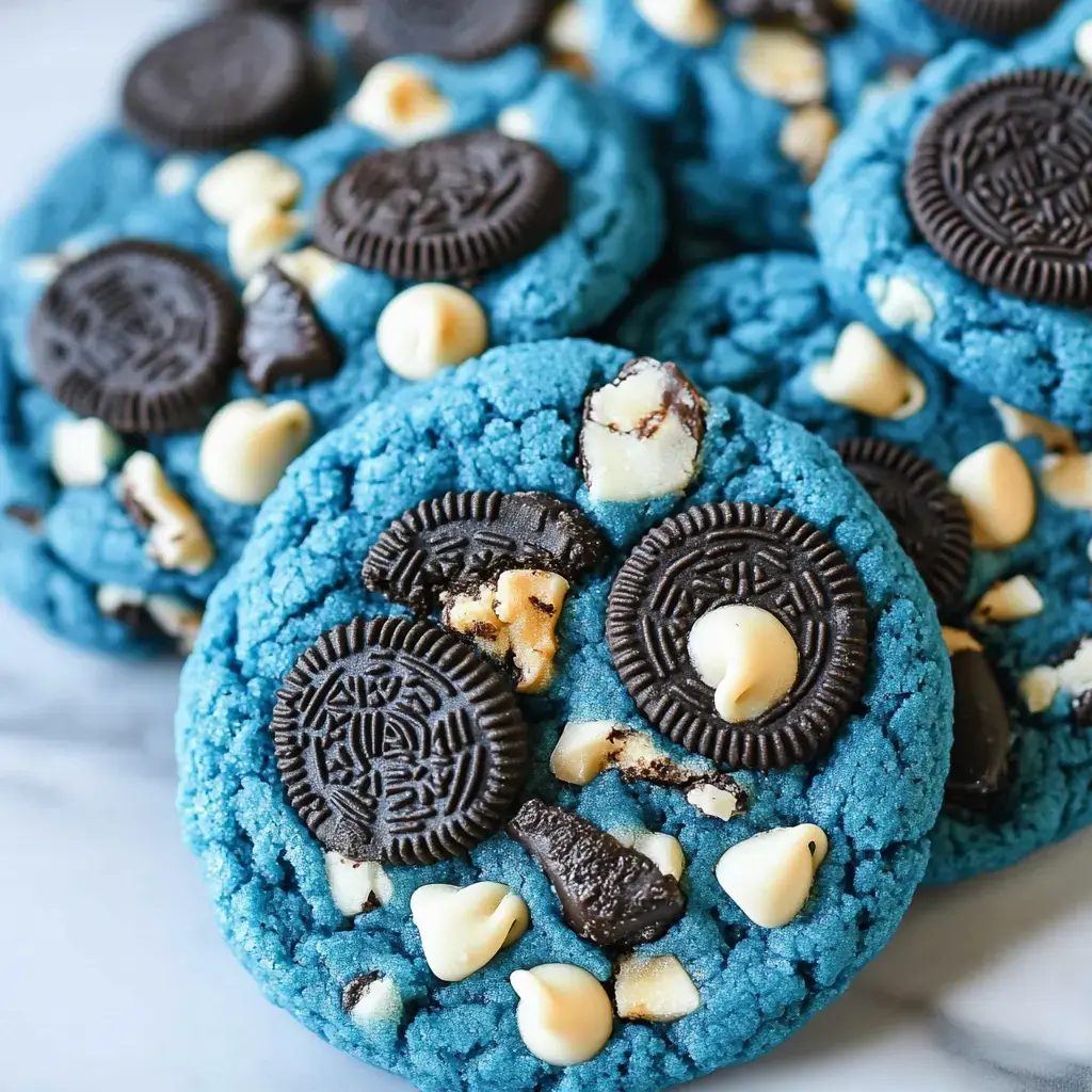 A close-up of vibrant blue cookies studded with Oreo pieces and white chocolate chips.