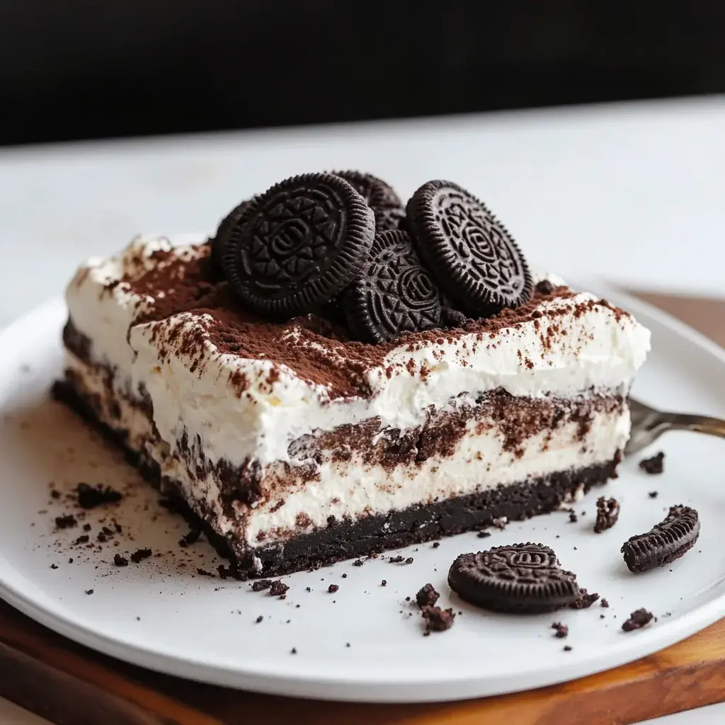 A slice of creamy dessert layered with chocolate cookies and topped with crushed Oreos on a white plate.