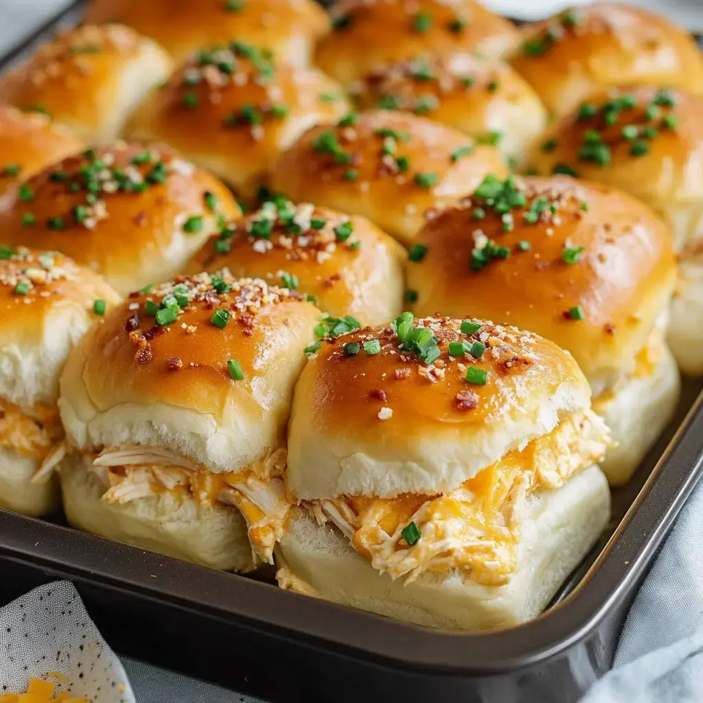 A tray of soft rolls filled with shredded chicken and cheese, topped with chopped green onions and breadcrumbs.