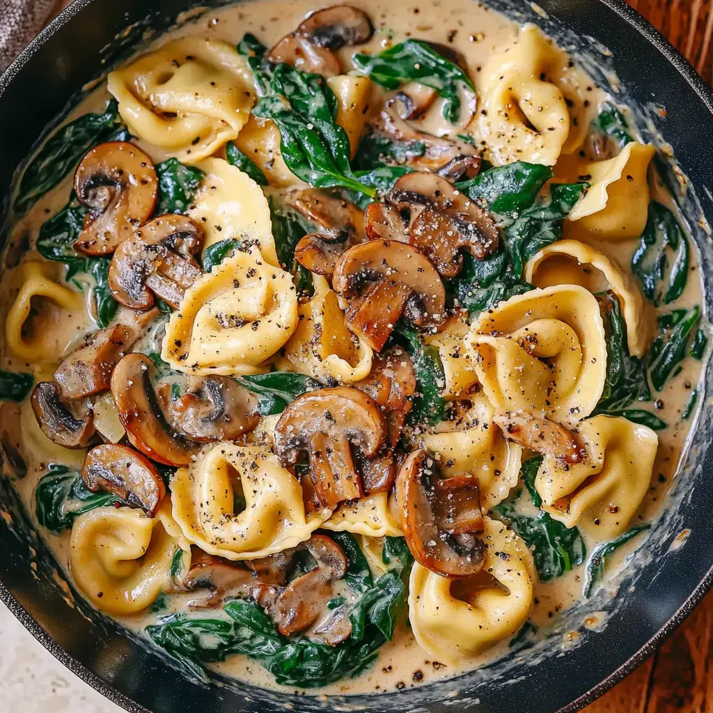 A creamy pasta dish featuring tortellini, sautéed mushrooms, and fresh spinach in a rich sauce.