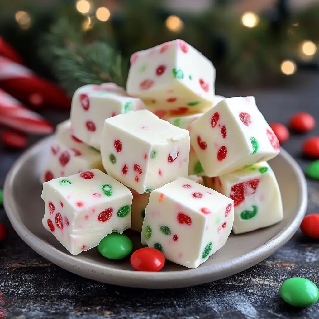 A plate of colorful holiday fudge squares with red and green candy pieces, surrounded by festive decorations.