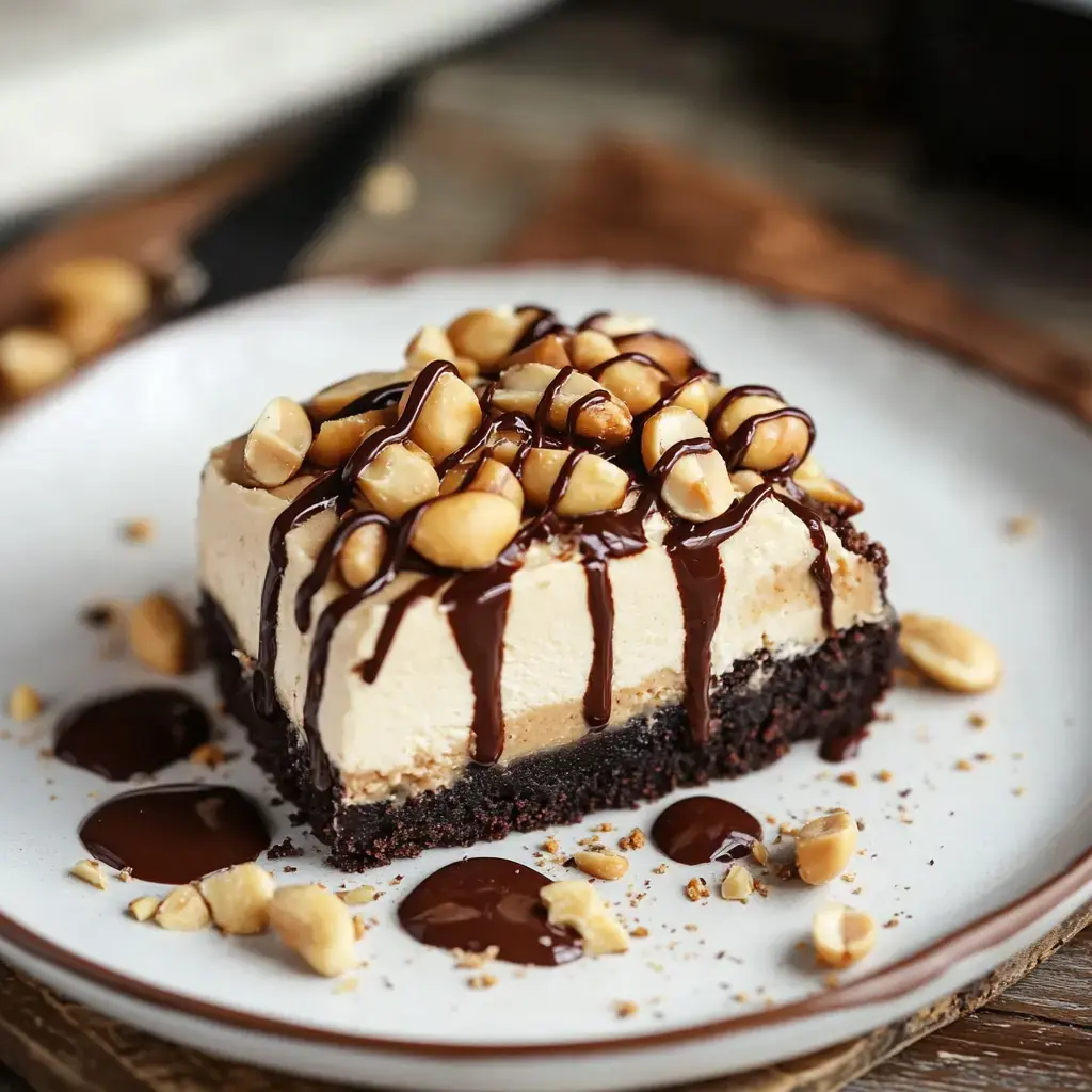 A slice of layered chocolate and peanut butter dessert is topped with chopped peanuts and drizzled with chocolate sauce on a white plate.