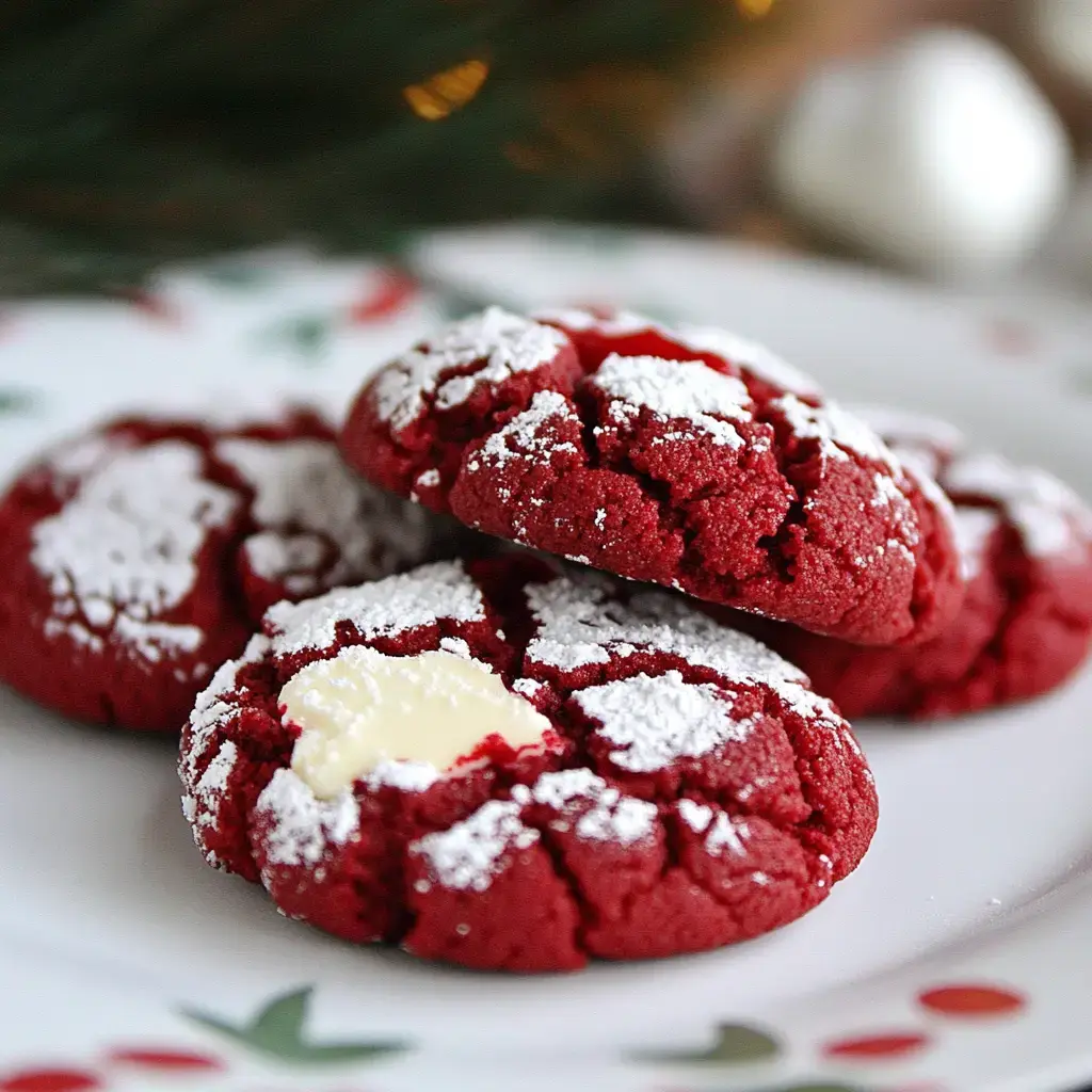 A close-up of red velvet cookies dusted with powdered sugar, sitting on a decorative plate.