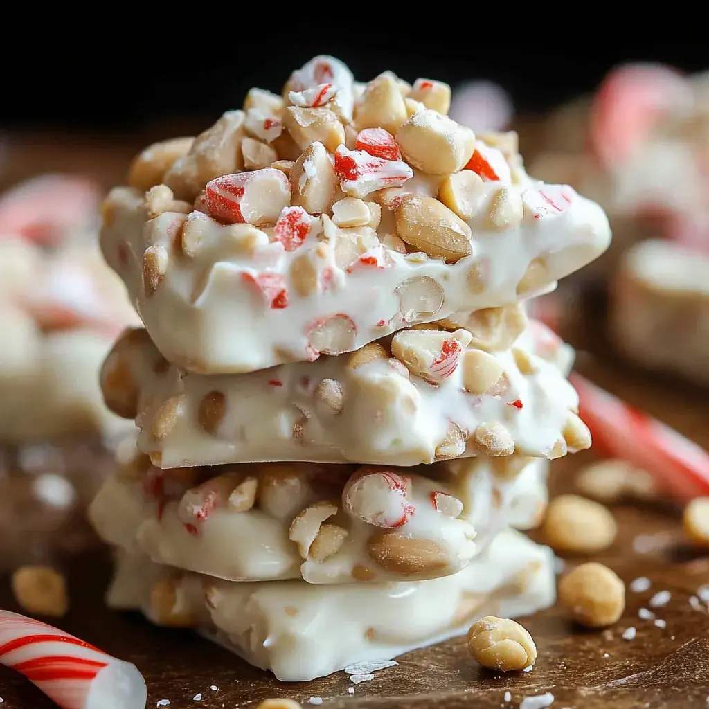 A stack of white chocolate bark topped with crushed peppermint and peanuts, placed on a wooden surface.