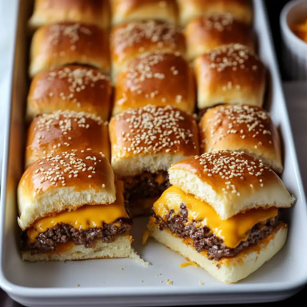 A tray of sesame seed-topped sliders filled with melted cheddar cheese and seasoned beef, with one slider cut in half to reveal the filling.