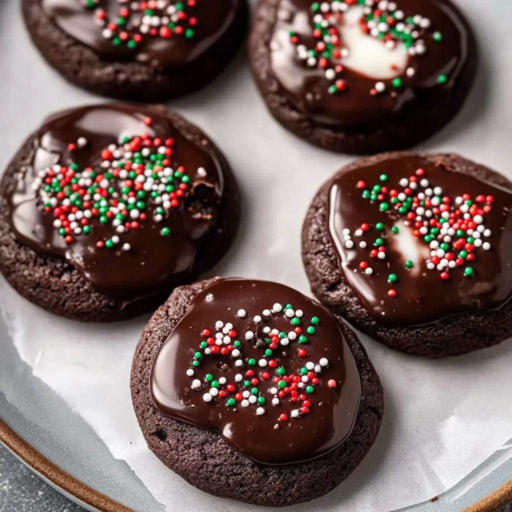 A close-up of chocolate cookies topped with glossy chocolate glaze and colorful sprinkles in festive red, green, and white.