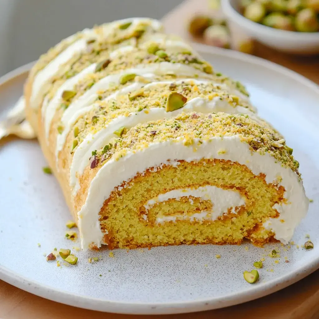 A freshly sliced pistachio roll cake topped with cream and chopped pistachios sits on a plate.