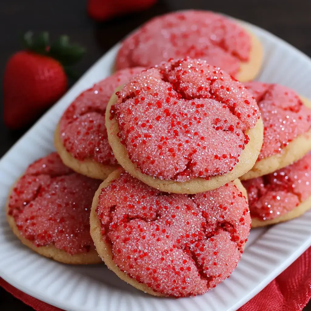 A plate of vibrant red cookies covered in sparkling sugar, with a strawberry in the background.