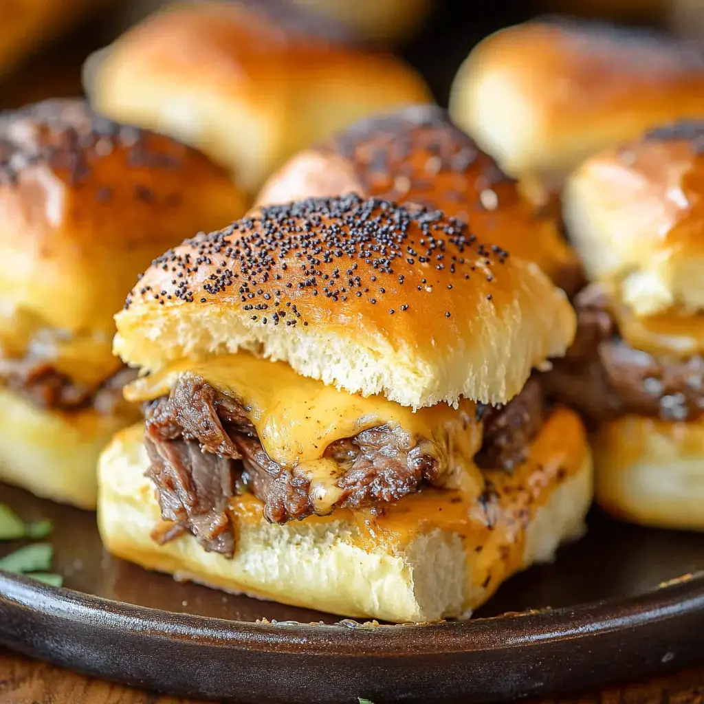 A close-up of a cheesy beef slider with a poppy seed bun, surrounded by more sliders on a dark plate.