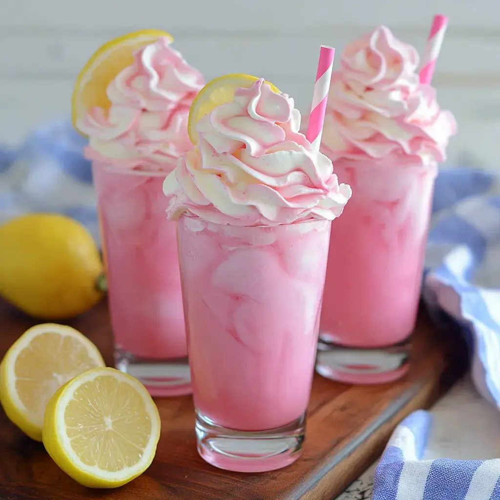 Three tall glasses of pink creamy drinks topped with whipped cream and lemon slices, accompanied by sliced lemons on a wooden board.