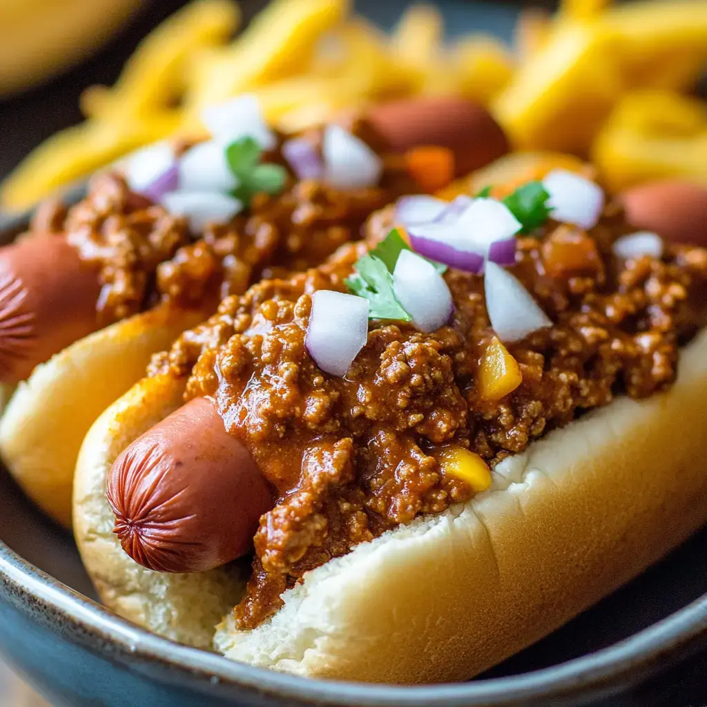 Two chili hot dogs topped with chopped onions and cilantro, served with a side of fries.