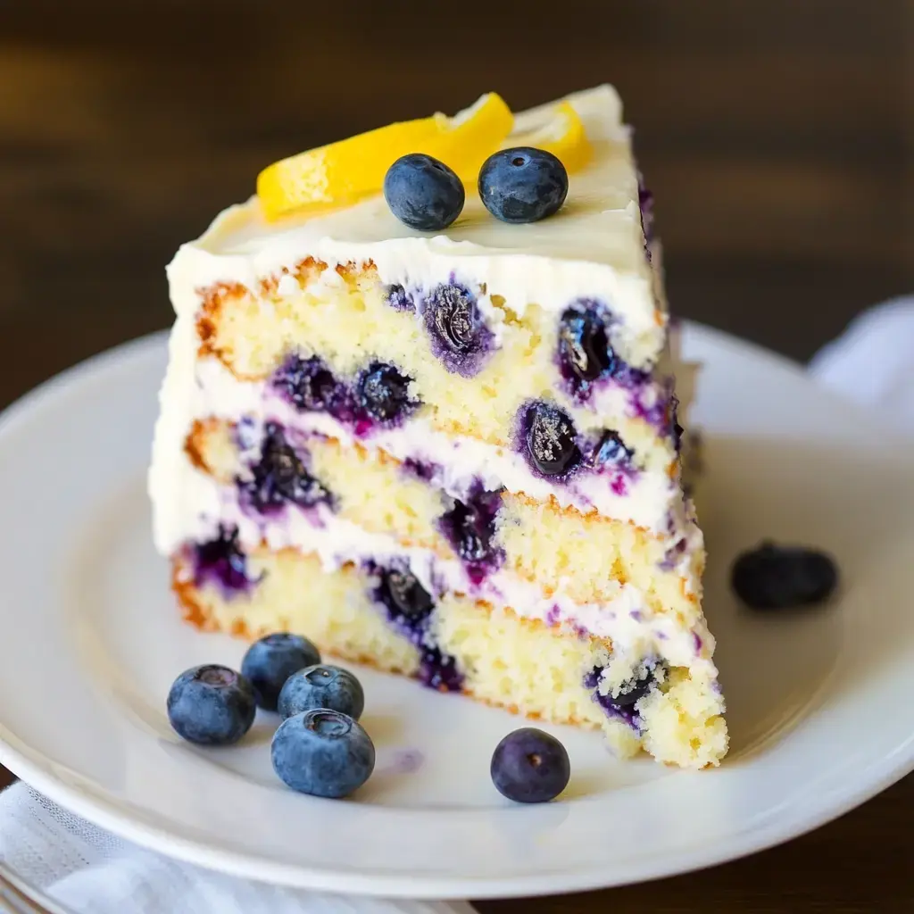 A slice of layered blueberry cake with cream frosting, garnished with lemon and fresh blueberries, on a white plate.