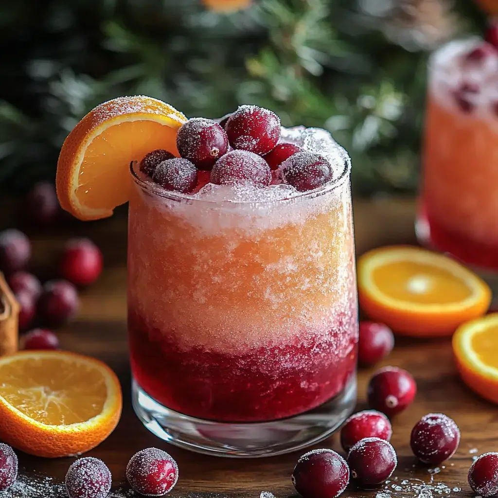 A colorful frozen drink layered with orange and cranberry, topped with fresh cranberries and a slice of orange, set against a blurred green background.