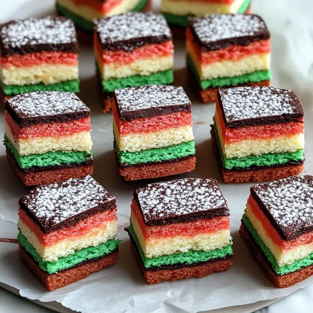 A close-up of colorful layered cake squares, featuring red, yellow, green, and chocolate frosting, dusted with powdered sugar.