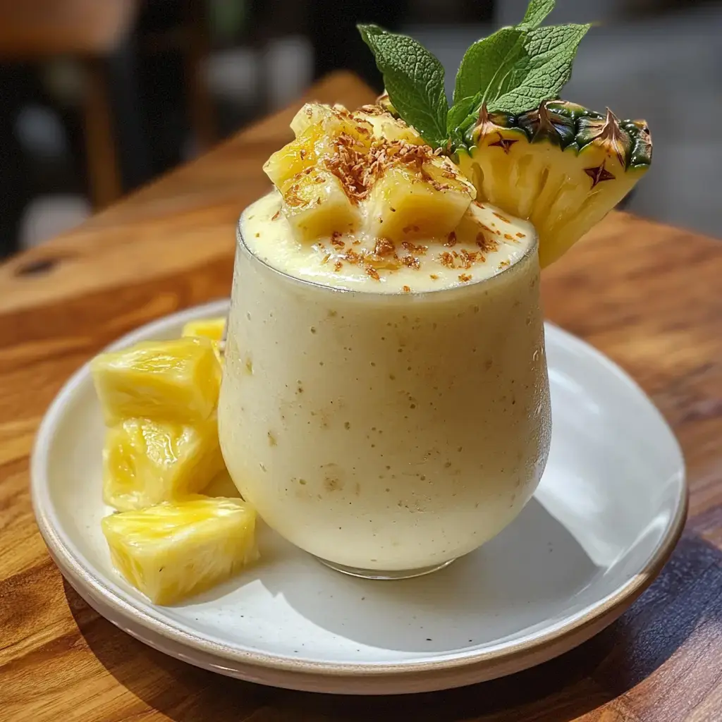 A refreshing pineapple smoothie topped with fresh pineapple chunks, coconut flakes, and a mint sprig, served on a plate with additional pineapple slices.