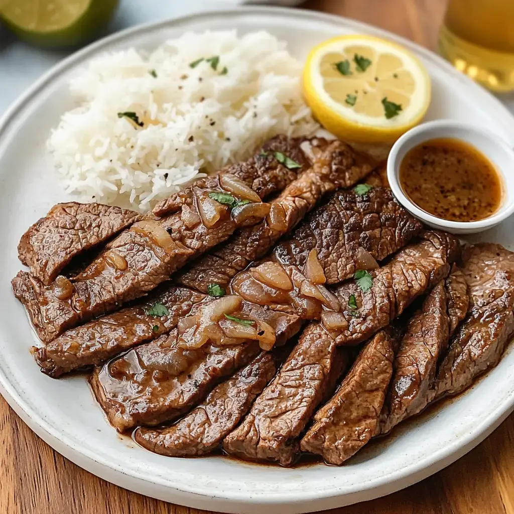 A plate of grilled steak slices topped with onions, accompanied by white rice, a lemon wedge, and a small bowl of sauce.