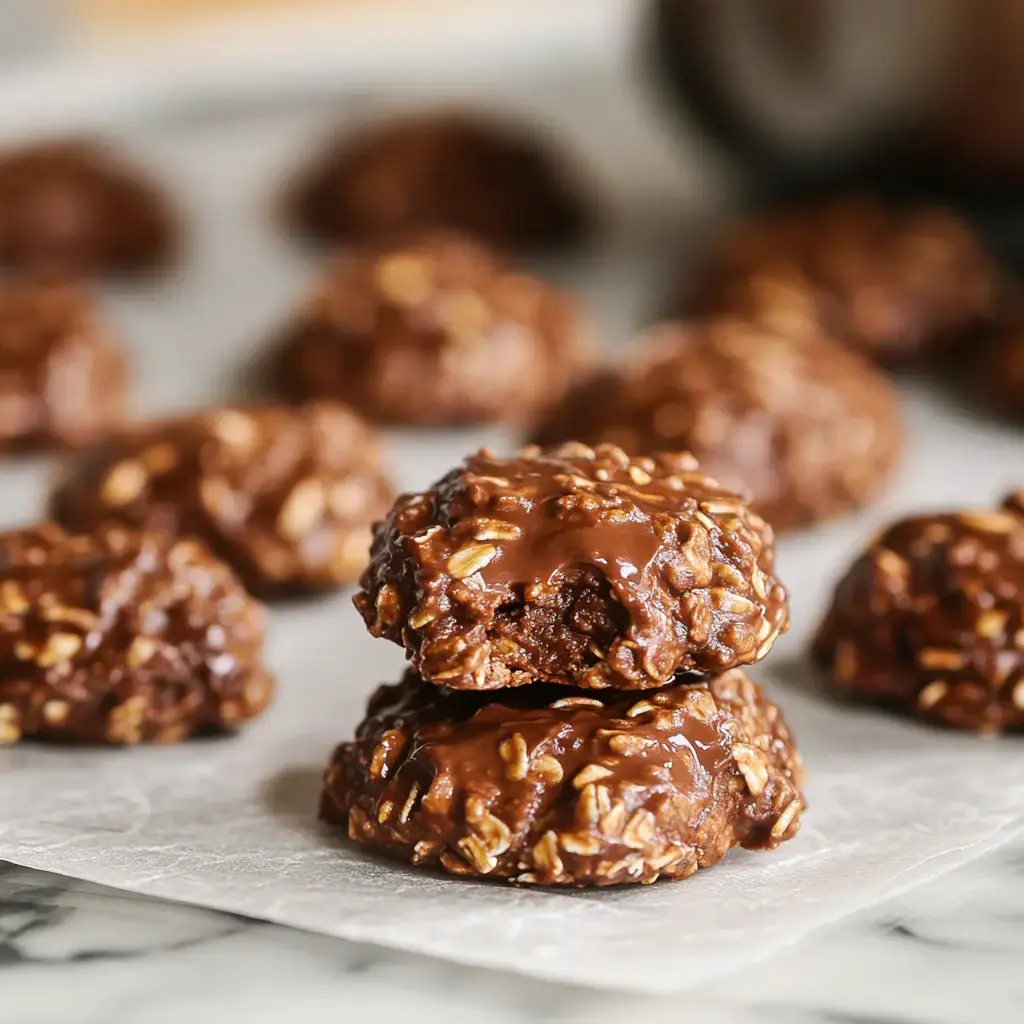 Two chocolate oat cookies stacked on parchment paper, with more cookies in the background.