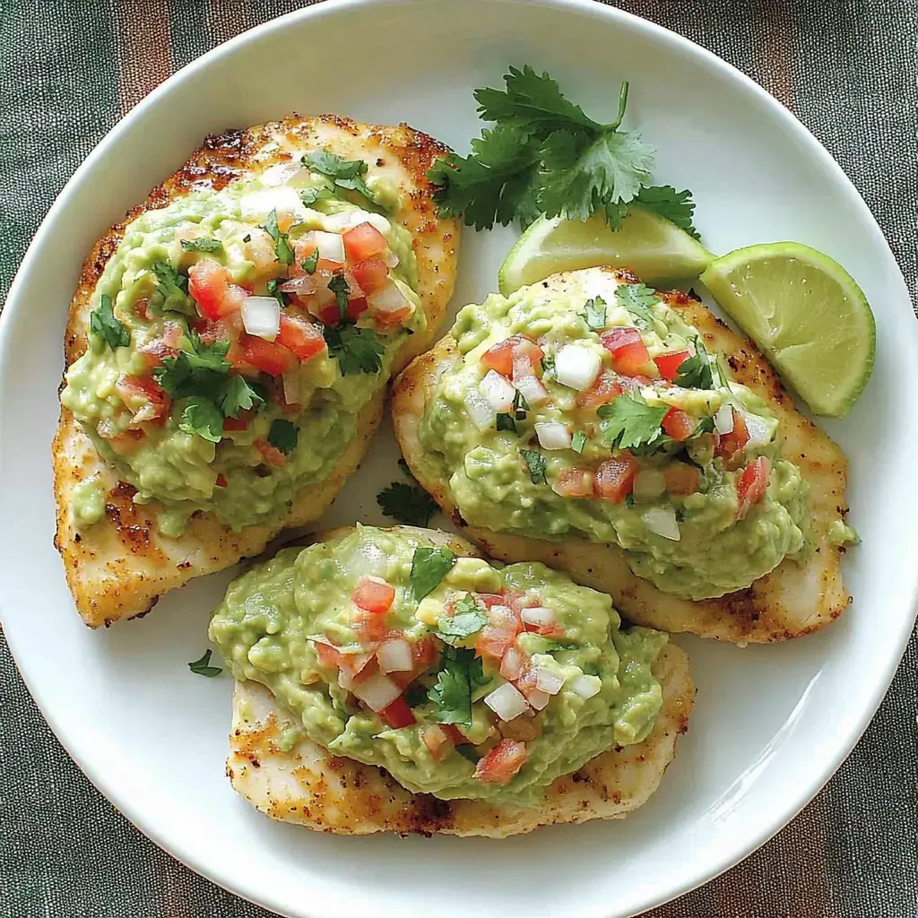 A plate of grilled fish fillets topped with guacamole, diced tomatoes, onions, and cilantro, garnished with lime wedges.