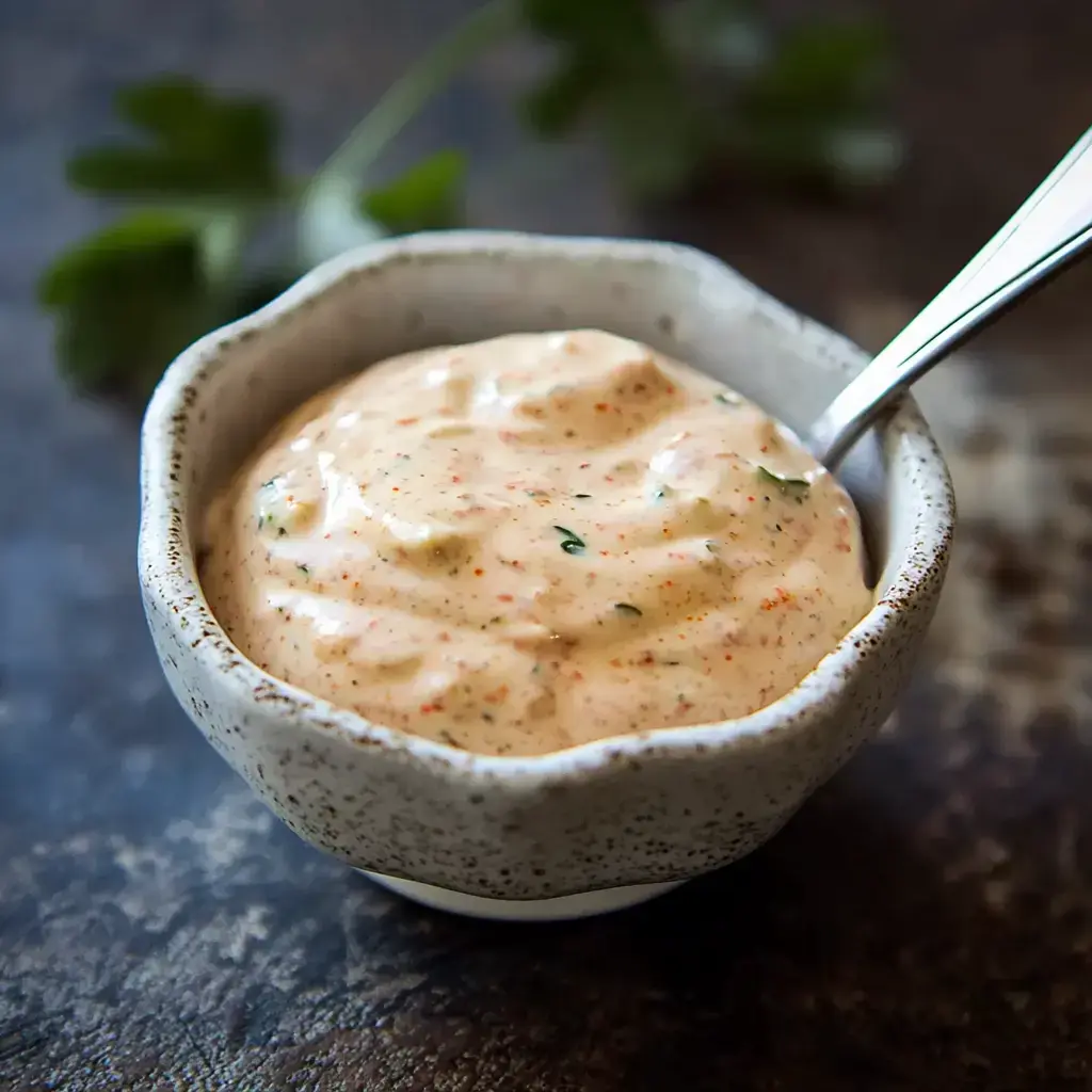 A small bowl of creamy sauce with a smooth texture, garnished with herbs and speckled with spices.