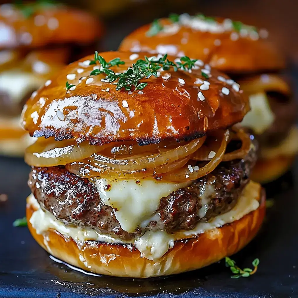 A close-up of a gourmet burger featuring a juicy beef patty, melted cheese, caramelized onions, and a shiny brioche bun, garnished with herbs.