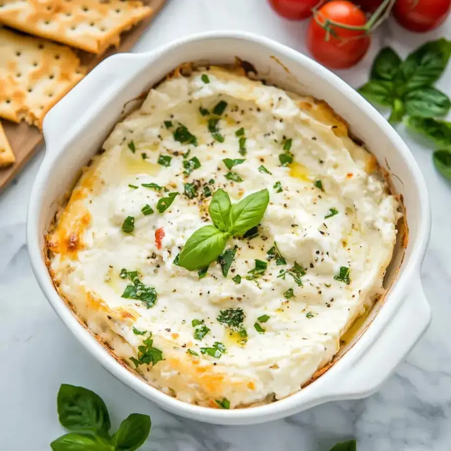 A creamy baked dish garnished with fresh basil and herbs, served with crackers and cherry tomatoes in the background.