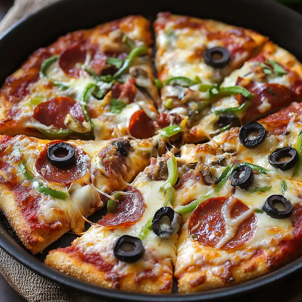 A fresh pizza topped with pepperoni, green peppers, black olives, and cheese, sliced into eight portions.