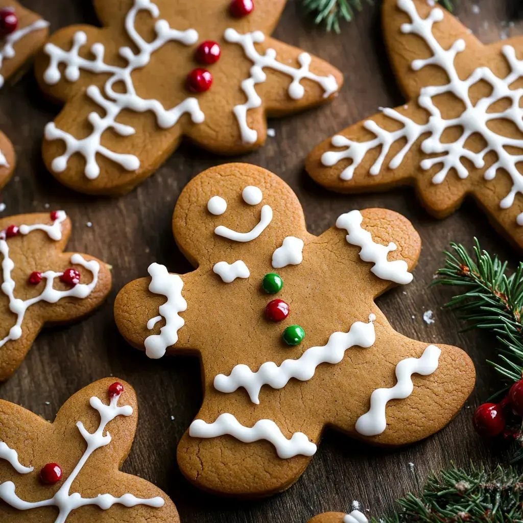 A collection of decorated gingerbread cookies featuring a smiling gingerbread man, snowflakes, and festive designs placed on a wooden surface with pine accents.