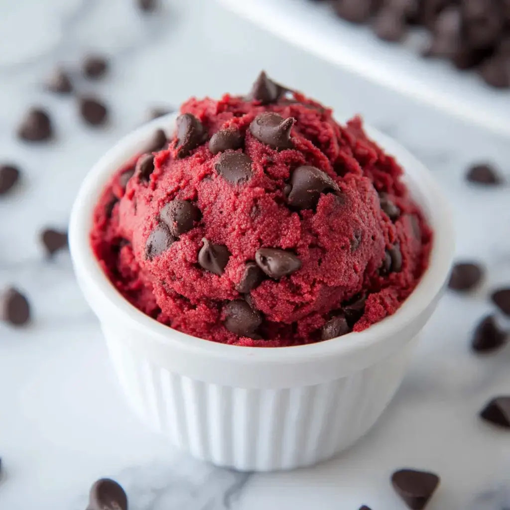 A scoop of red velvet ice cream topped with chocolate chips in a white bowl, surrounded by chocolate chips on a marble surface.