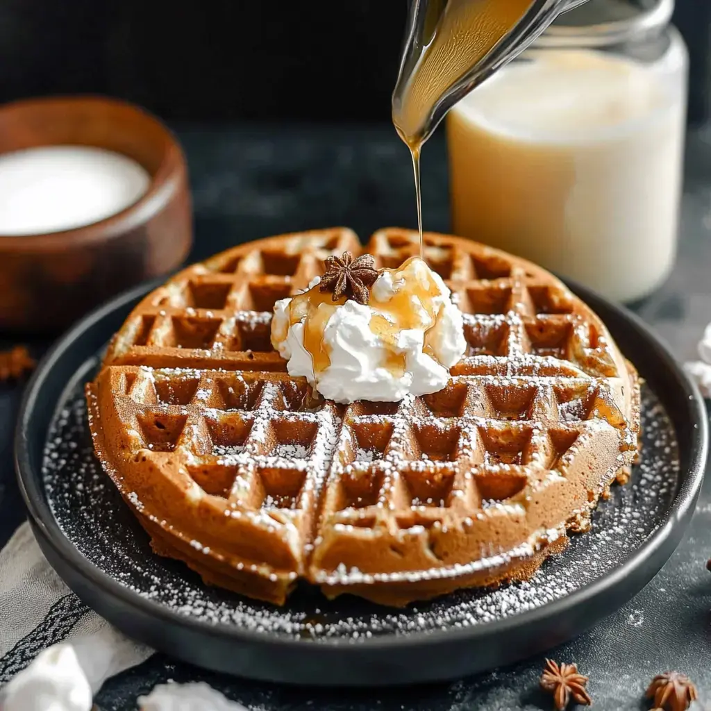 A golden waffle topped with whipped cream and syrup is placed on a dark plate, with a jar of milk and a wooden bowl in the background.