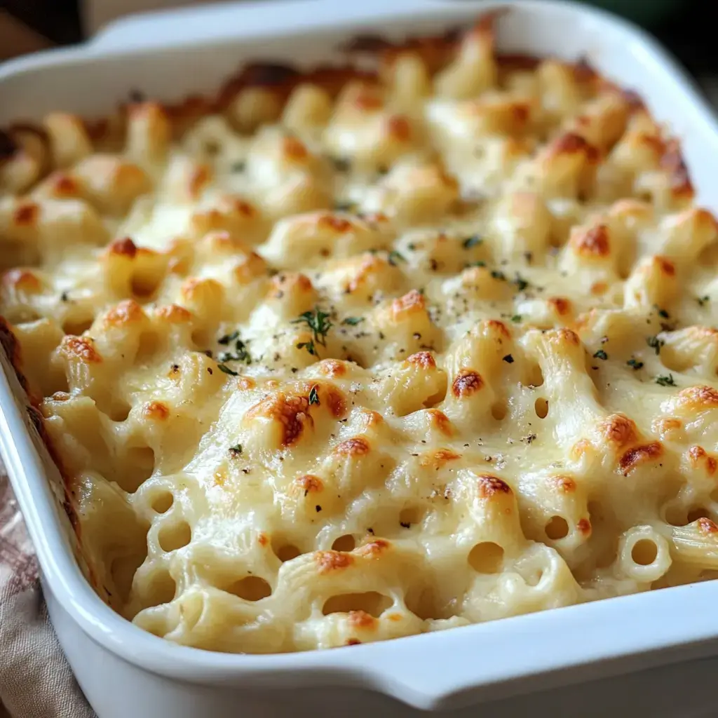 A close-up of a baked macaroni and cheese dish with a golden, bubbly crust.