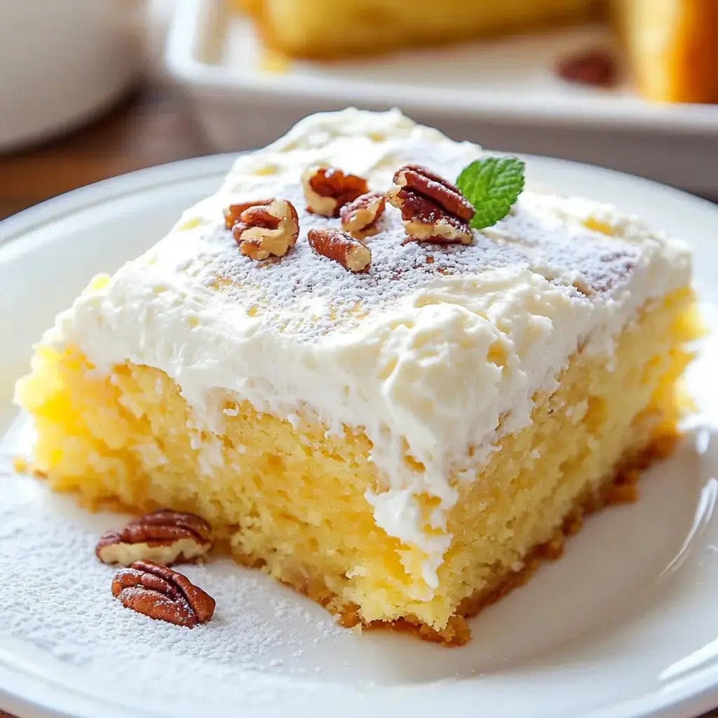 A slice of yellow cake topped with white frosting, sprinkled with powdered sugar and adorned with pecan pieces, served on a white plate.