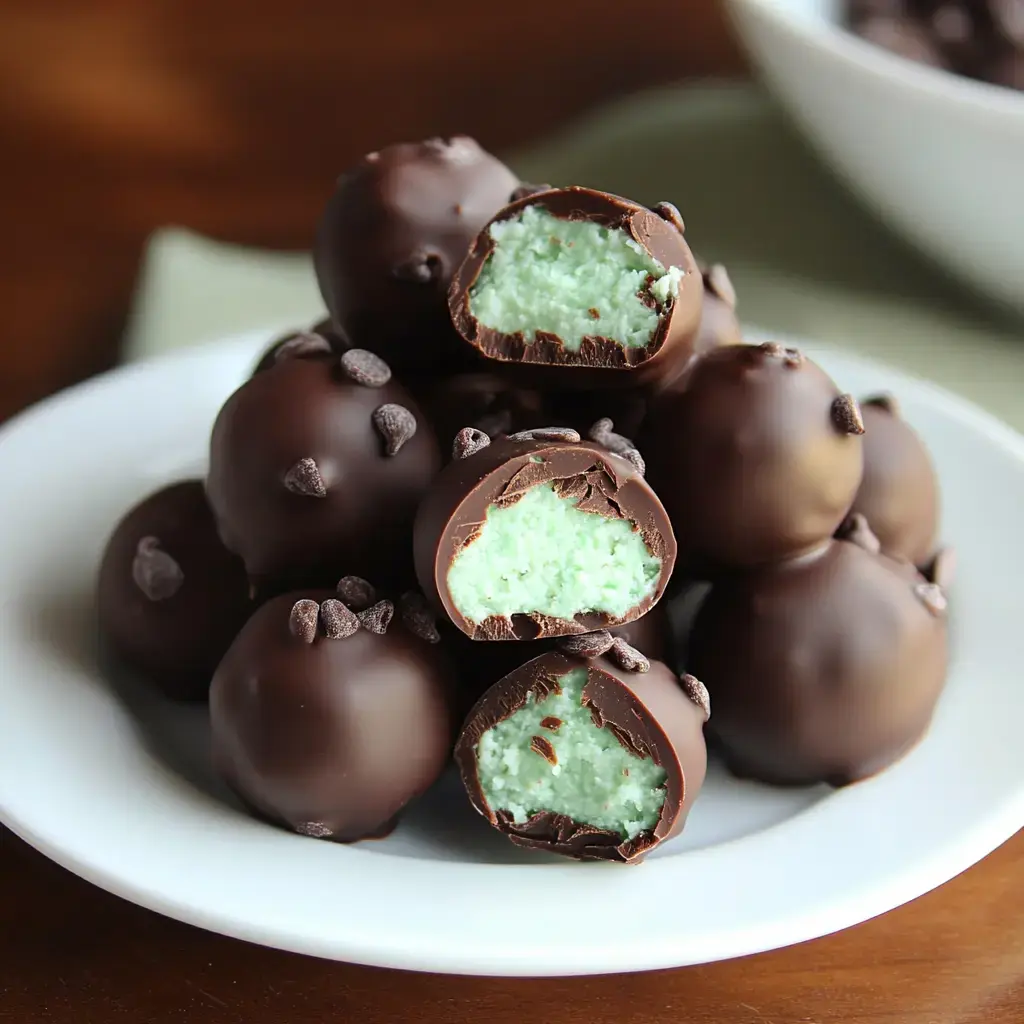 A plate of chocolate-coated mint truffles, with one truffle cut in half to reveal a light green mint filling and chocolate shavings on top.