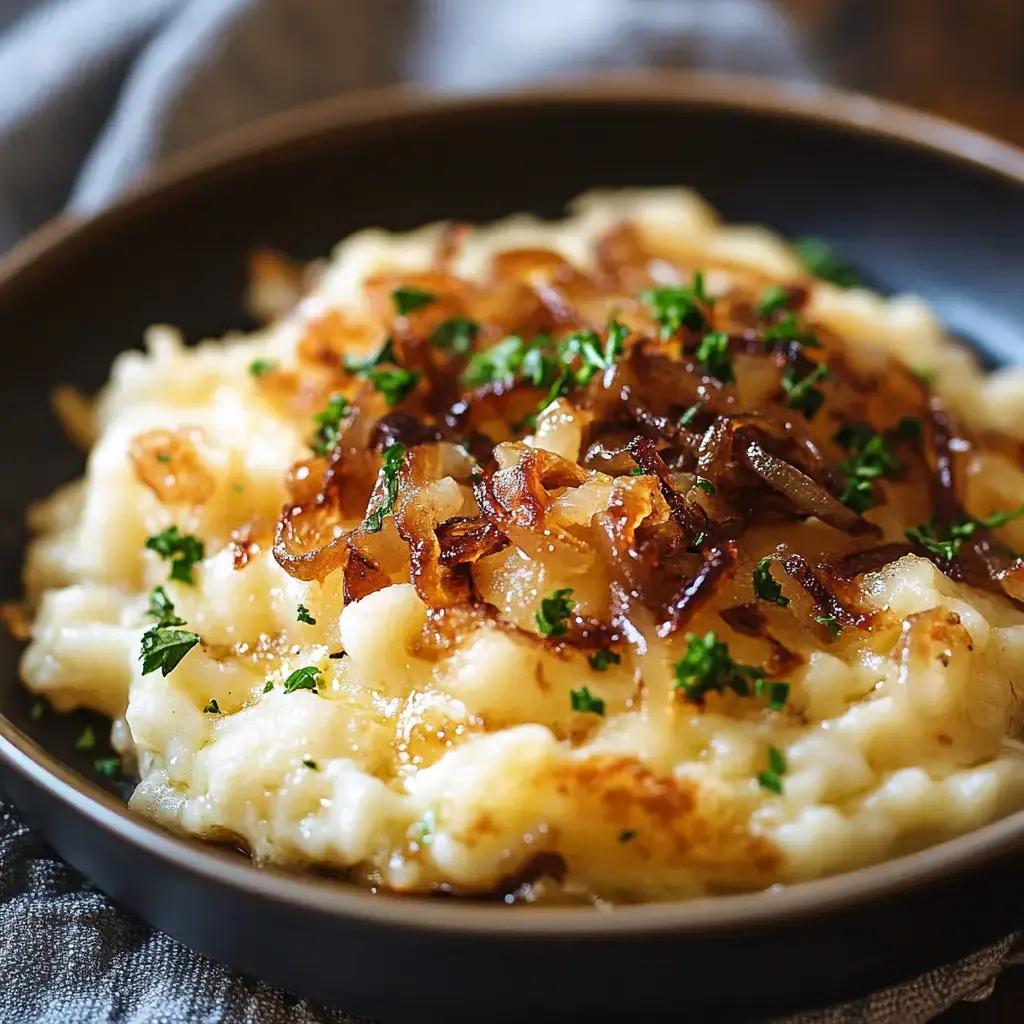 A serving of creamy mashed potatoes topped with crispy fried onions and garnished with parsley in a dark bowl.