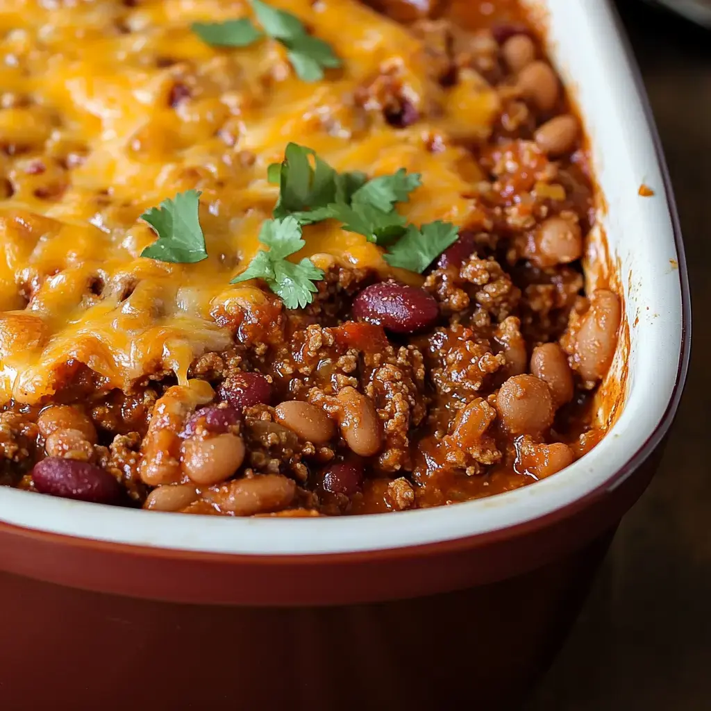 A close-up of a baked casserole dish filled with ground meat, kidney beans, pinto beans, and melted cheese, garnished with fresh cilantro.