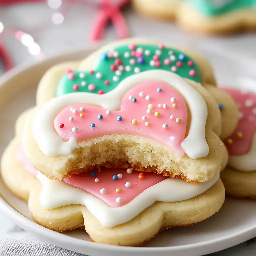 A close-up of decorated cookies in heart shapes, with pink and green icing topped with colorful sprinkles, one cookie partially bitten.