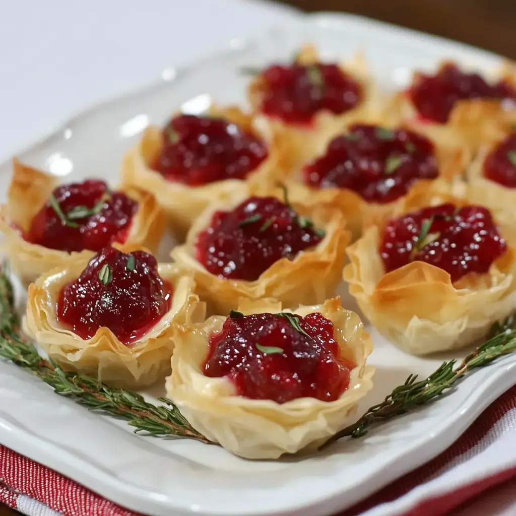 A platter of crispy pastry cups filled with cranberry sauce and topped with sprigs of thyme.